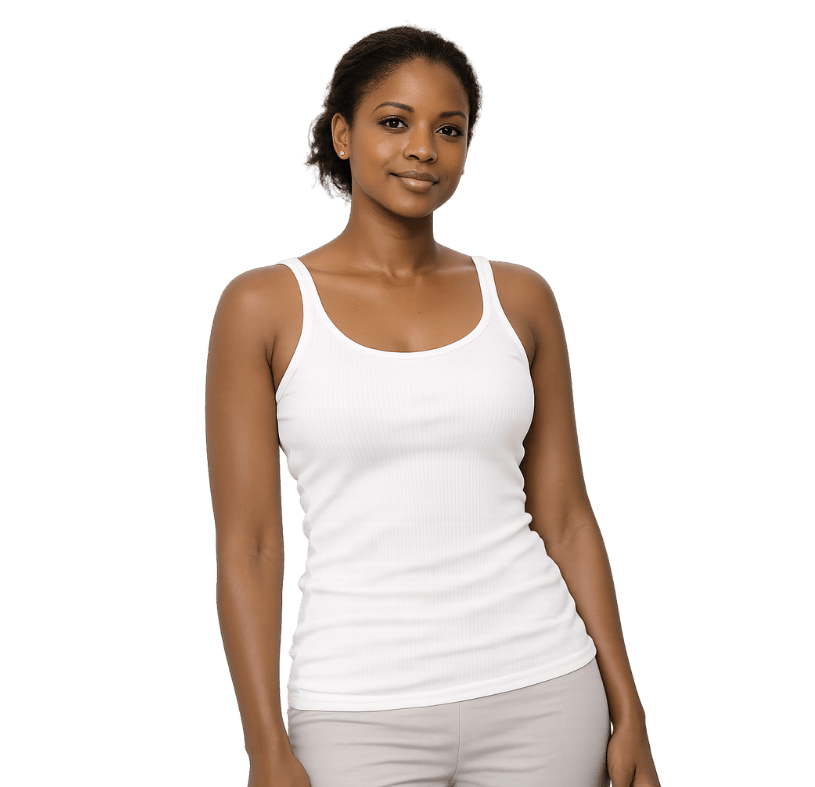 Woman with smooth skin standing in white top representing results of laser hair removal