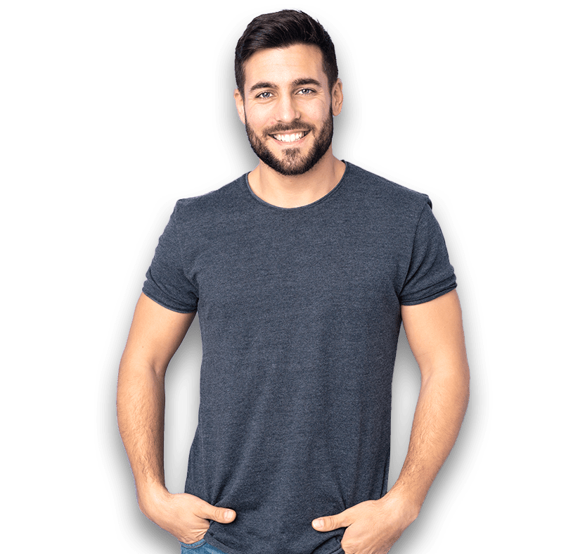 Austin man in blue shirt standing with a beard.