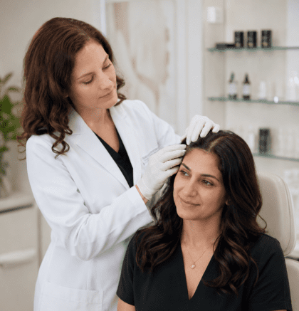 Dermatology provider examining patient scalp during hair loss evaluation in Austin