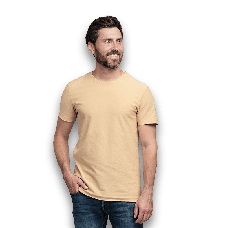 Austin man in a yellow tshirt smiling.